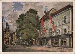 Birth House of Adolf Hitler, Braunau am Inn, Austria, Flags w Swastikas Postcard