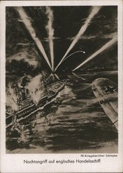 Luftwaffe, Night Attack on English Merchant Ship, Airplane Nazi Germany Postcard Postcard Postcard