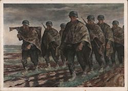 Column of German Soldiers in Rain Gear on the March. Nazi Germany Postcard Postcard Postcard