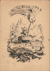 New Year's Card, "Good Luck and Health in the New Year, 1943", Tank Nazi Germany Postcard Postcard Postcard