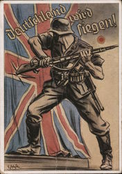 Will Be Victorious! German Soldier Destroying British Flag Postcard