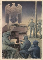 "The German Armed Forces", Soldiers w Map, Radio, Flag Postcard