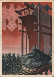 "The German Armed Forces", Tank on Wooden Bridge, New bridge Being Built Postcard