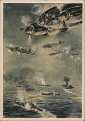 Fighter Airplanes Attacking a Convoy at Sea Postcard