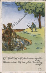 Military Humor, Soldier Leaping from Tree into Mud Postcard