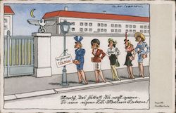 Military Humor, Women Waiting in Line at Base w Gate with Swastika, "Reserved for Me', Prostitutes? Nazi Germany Postcard Postca Postcard