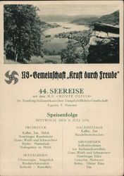 Menu from Steamer Monte Olivia, Nazi Association, "Strength Through Joy" 44th Lake Excursion Postcard