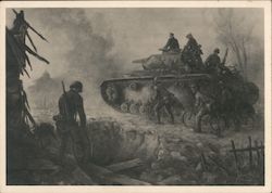 "Our Working Men at War", Tanks Advancing with Soldiers Postcard