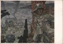 German Soldier at the Front, French Poilu Helmet Hanging in Rubble Postcard