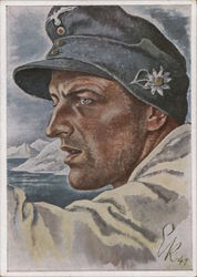 German Soldier Fighting at Narvik, Norway, Mountain Troops Insignia on Cap, Edelweiss Postcard