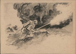 German Soldier with Flame Thrower, Drawing Postcard