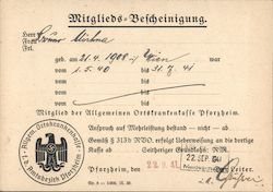 Membership Identification, Local health insurance Pforzhiem, 1941 Nazi Germany Postcard Postcard Postcard