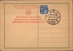 Czechoslovak stamp with German cancel and postmark, celebrating annexation of the Sudetenland Sep 21 1938 Nazi Germany Postcard  Postcard