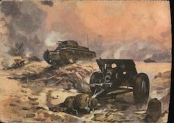 German Tank Overruns an English Artillery battery in Lbya, Arfica Corps Postcard