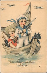 Boy Dressed as German Sailor, "Have No Fear, Rosemarie!" Rifle with Bayonet in Boat Postcard