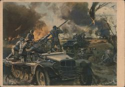 Mobile Flak Battery, Anti-Aircraft Gun on Half-Track Armored Car Shooting Airplane Postcard