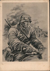 German Soldier on Motorcycle with Helmet, Goggles Postcard