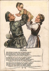 Military Song or Poem, "Ursula" Father in Uniform with Child and Wife Postcard