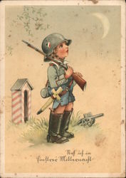 Little Boy Soldier on Sentry Duty, "Here I Stand in the Dark Midnight" Nazi Germany Postcard Postcard Postcard