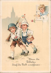 Children in Uniform, Girl Throws Flower, "When the Soldiers March through the City" Postcard