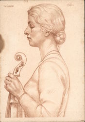 German Bloodlines in All the World, Young Woman w Violin, Drawing Postcard