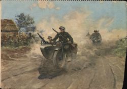 Forward Unit in Poland, Soldiers on Motorcycle w Sidecar Nazi Germany Postcard Postcard Postcard