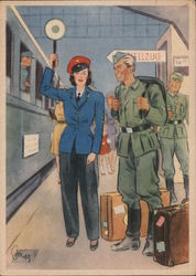 "Women Working for You", Female Train Officer w Soldier on Railroad Platform Nazi Germany Postcard Postcard Postcard