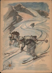 Alpine Troops Skiing, Edelweiss Flower Postcard