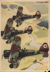 Luftwaffe, German Observation Planes w Swastika, Bi-Planes over River Nazi Germany Postcard Postcard Postcard