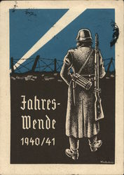 New Year's Postcard, 1940-41, Soldier at Post w Barbed Wire, Weapon, Search  Light Nazi Germany Postcard Postcard Postcard