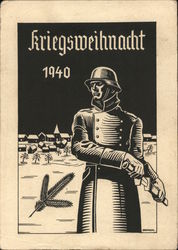 Wartime Christmas, 1940, Soldier w Dagger and Helmet, Pine Bough Nazi Germany Postcard Postcard Postcard