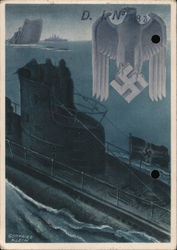 Submarine Sinks Ship, U-Boot, Swastika Postcard