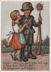 Boy Dressed as Soldier with Little Girl, Rifle w Flowers in Barrel Postcard