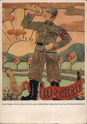 SA Man w Bugle, "Awake", Swastika Nazi Germany Postcard Postcard Postcard