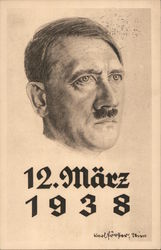 Hitler Portrait, Charcoal Drawing, Day of Anschluss, Postmarked Vienna Postcard