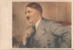 Hitler Portrait in Army Uniform, Knight's Cross, Nazi Party Membership Button Postcard