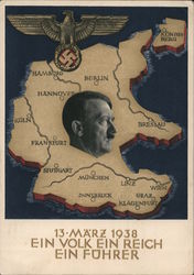 Propaganda, Hitler on Map of Greater Germany, Plebisicite Before Anschluss, Austria 1938 Nazi Germany Postcard Postcard Postcard