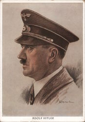 Hitler Portrait, Hat, Uniform, Hitler & Mussolini Stamp, Hitler's Birthday Cancel Berlin Postcard