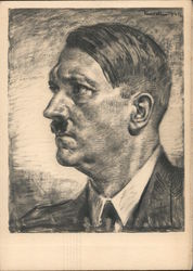 Hitler Portrait, Charcoal Drawing, Civilian Dress, "Our Fuehrer" Postcard