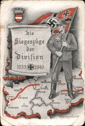 The Victorious Campaigns of the Divison" 1939 - 1940, Western and Polish Front Map Nazi Germany Postcard Postcard Postcard