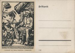 WWII German feldpost, Soldiers Mail, Linoleum Block Print, old Man w Sunflowers Postcard