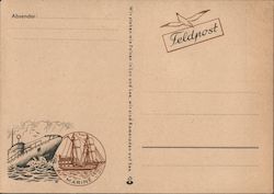 German Navy Feldpost, Sailors Mail, Submarine, U-Boot, Sailing Ship Postcard