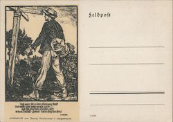 WWII German feldpost, Soldiers Mail, Linoleum Block Print, Young Man w Backpack Postcard