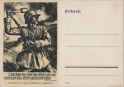 WWII German feldpost, Soldiers Mail, Linoleum Block Print, Soldier w Grenade, Helmet, Uniform Postcard Postcard Postcard