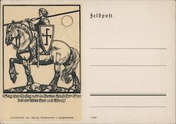 WWII German feldpost, Soldiers Mail, Linoleum Block Print, Medieval Knight w Horse & Swastika on Shield Postcard Postcard Postcard