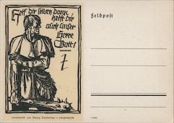 WWII German feldpost, Soldiers Mail, Linoleum Block Print, Medieval Warrior, "Help to make our army's message heard"   Postcard