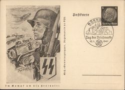 Waffen SS Combat Unit, Tank, Soldoer w Helmet and Rifle 1941 Postcard