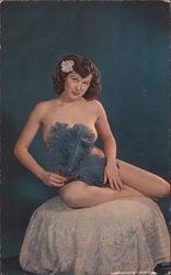 Fan Girl - Nude Woman with Blue Feather Fan Postcard