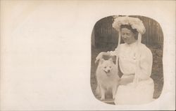 White Dressed Woman and White Dog Women Postcard Postcard Postcard