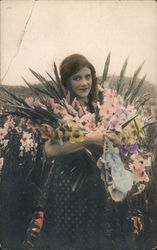 Tinted Photo: Woman with Colored Flowers Women Postcard Postcard Postcard